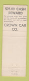 Matchbook Cover - Crown Car Sales Allentown PA WEAR