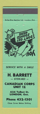 Matchbook Cover - Canadian Corps Unit 12 London ON H Barrett