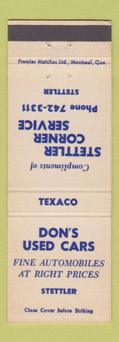 Matchbook Cover - Don's Used Cars Stettler AB Texaco oil gas