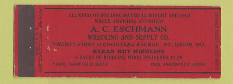 Matchbook Cover - AC Eschmann Wrecking Supply kindling St Louis MO Full Length