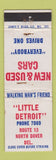 Matchbook Cover - Little Detroit Used Cars North Dover DE WEAR