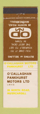 Matchbook Cover - O'Callaghan Pankhurst Motors Invercargill New Zealand
