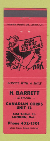 Matchbook Cover - H Barrett Canadian Corps Unit 12 London ON