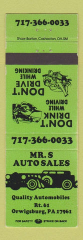 Matchbook Cover - Mr S Auto Sales Orwigsburg PA
