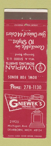 Matchbook Cover Hank Gniewek's Trophies Dearborn MI Olympian Bowling Shirts WEAR