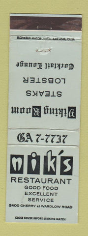 Matchbook Cover - Nik's Restaurant Long Beach CA WEAR