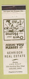 Matchbook Cover - Gehrisch Real Estate Galion OH