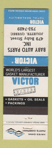 Matchbook Cover - Victor Gaskets seals Baby Auto Parts Joliette QC