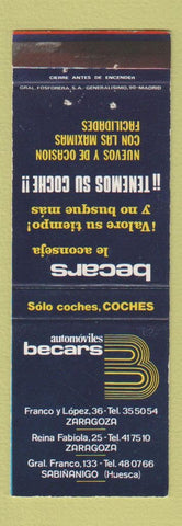 Matchbook Cover - Automoviles Becars Zaragoza Sabinanigo Spain cars WEAR