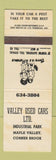 Matchbook Cover - Valley Used Cars Maple Valley Corner Brook NF NL