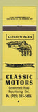 Matchbook Cover - Classic Motors New Used Cars Kapuskasing ON YELLOW