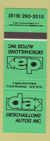 Matchbook Cover - Deschaillons Autos Trois Rivieres QC cars NEON GREEN