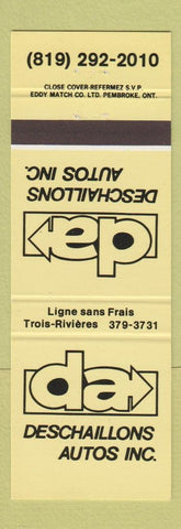 Matchbook Cover - Deschaillons Autos Trois Rivieres QC cars NEON YELLOW