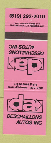 Matchbook Cover - Deschaillons Autos Trois Rivieres QC cars NEON PINK