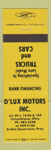 Matchbook Cover - D'Lux Motors Used Cars Columbiana OH #1