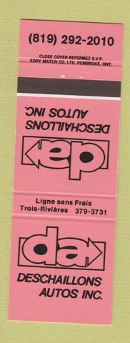 Matchbook Cover - Deschaillons Autos Trois Rivieres QC cars NEON  RED