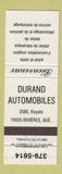Matchbook Cover - Durand Automobiles auto Trois Rivieres QC