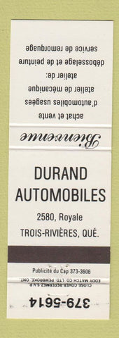 Matchbook Cover - Durand Automobiles auto Trois Rivieres QC