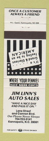 Matchbook Cover - Jim Linn's Auto Sales Kannapolis NC WHITE
