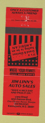 Matchbook Cover - Jim Linn's Auto Sales Kannapolis NC RED