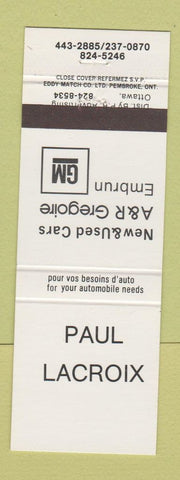 Matchbook Cover - Paul Lacroix GM New Used Cars QC?