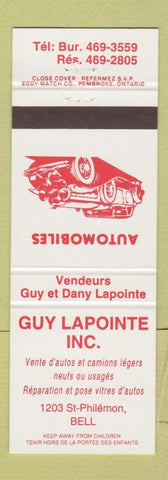 Matchbook Cover - Guy Lapointe Inc Used Cars Bell QC