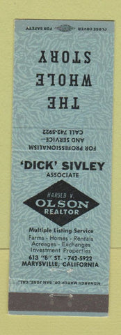 Matchbook Cover - Harold Olson Real eState Dick Sivley Marysville CA