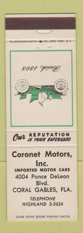 Matchbook Cover - Coronet Motors Coral Gables FL