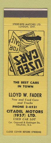 Matchbook Cover - Lloyd Fader Used Cars Halifax NS