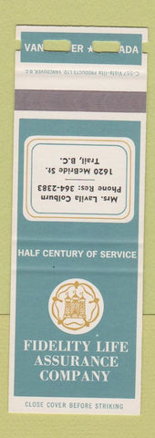 Matchbook Cover - Fidelity Insurance Mrs Lavila Colburn Trail BC SAMPLE WEAR