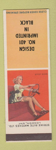 Matchbook Cover - Strike Rite Matches pinup Driving Stop Sign SAMPLE Canada