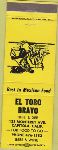 Matchbook Cover - El Toro Bravo Capitola CA matador