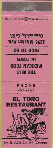 Matchbook Cover - El Toro Restaurant Oceanside CA pink
