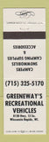 Matchbook Cover - Greenway's RV Wisconsin Rapids WI Snowmobiles