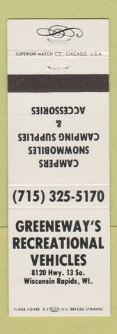 Matchbook Cover - Greenway's RV Wisconsin Rapids WI Snowmobiles