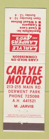 Matchbook Cover - Carlyle Motors Campers Derwent Park Australia