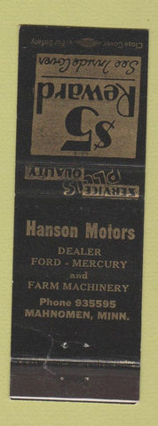 Matchbook Cover - Hanson Motors Ford Mercury Tractors Mahnomen MN