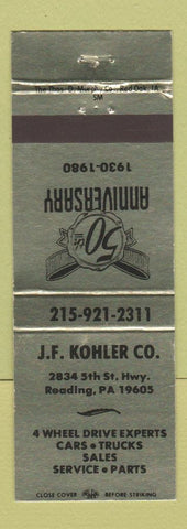 Matchbook Cover - JF Kohler Used Cars Reading PA 1980