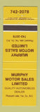 Matchbook Cover - Murphy Motor Sales Pleasant Lake NS