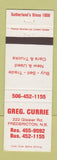 Matchbook Cover - Greg Currie New Used Cars Fredericton NB