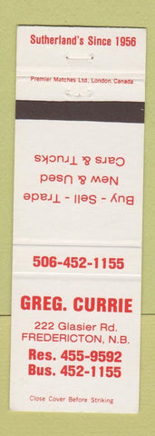 Matchbook Cover - Greg Currie New Used Cars Fredericton NB