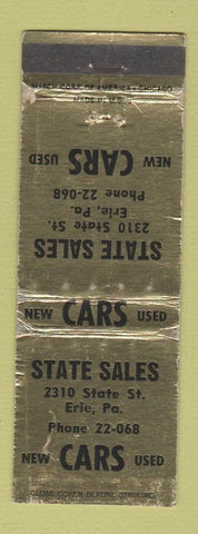 Matchbook Cover - State Sales New Used Cars Erie PA WORN