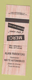 Matchbook Cover - Alain Parenteau Matte Auto Trois Rivieres QC