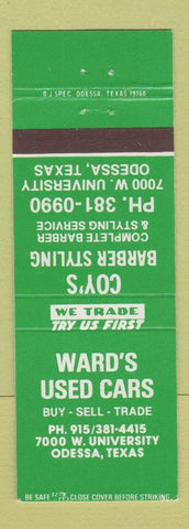 Matchbook Cover - Ward's Used Cars Odessa TX Coy's Barber Shop