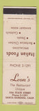 Matchbook Cover - Leon's Restaurant Italian Santa Barbara CA