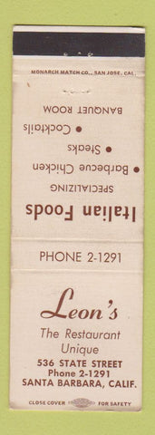Matchbook Cover - Leon's Restaurant Italian Santa Barbara CA