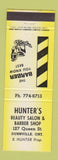Matchbook Cover - Hunter's Beauty Salon Barber Shop Dunnville ON