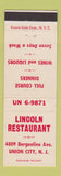 Matchbook Cover - Lincoln Restaurant Union City NJ