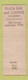 Matchbook Cover - Plaza Bar Cocktail Lounge Laramie WY