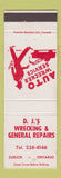 Matchbook Cover - DJ's Auto Wrecking towing Repair Zurich ON